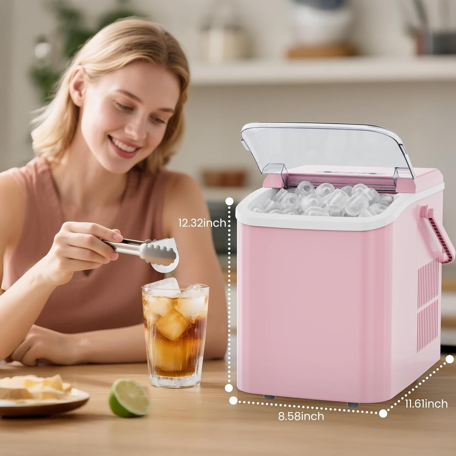 Countertop Ice Maker with Handle, 26lbs/24H Portable Ice Machine, 9 Bullet Ice Cubes Ready in 6 Mins, Self-Cleaning, Quiet Compact Ice Maker for Home, Kitchen, RV, Camping