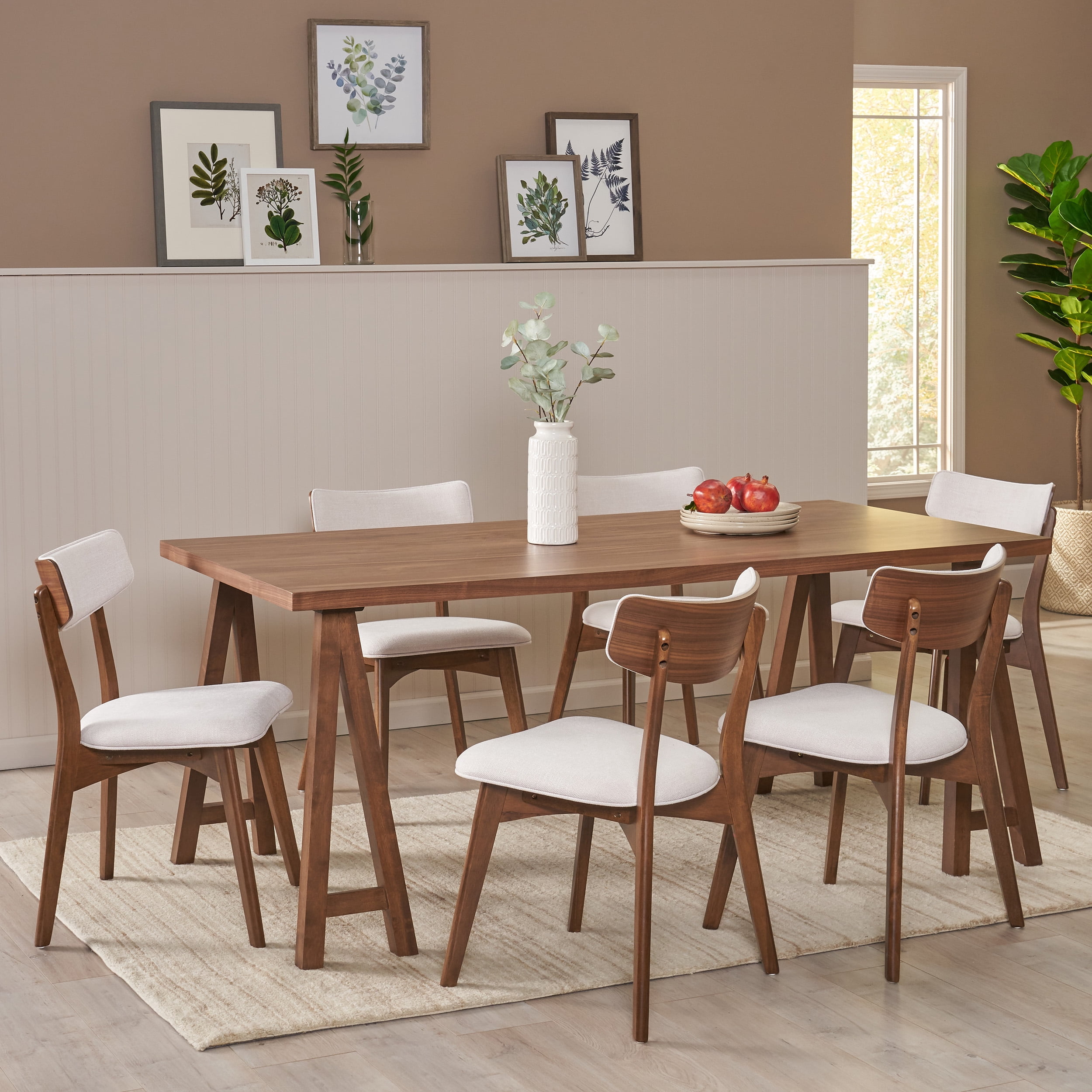 Noble House Sadie Rubberwood Dining Set, Light Beige, Natural Walnut