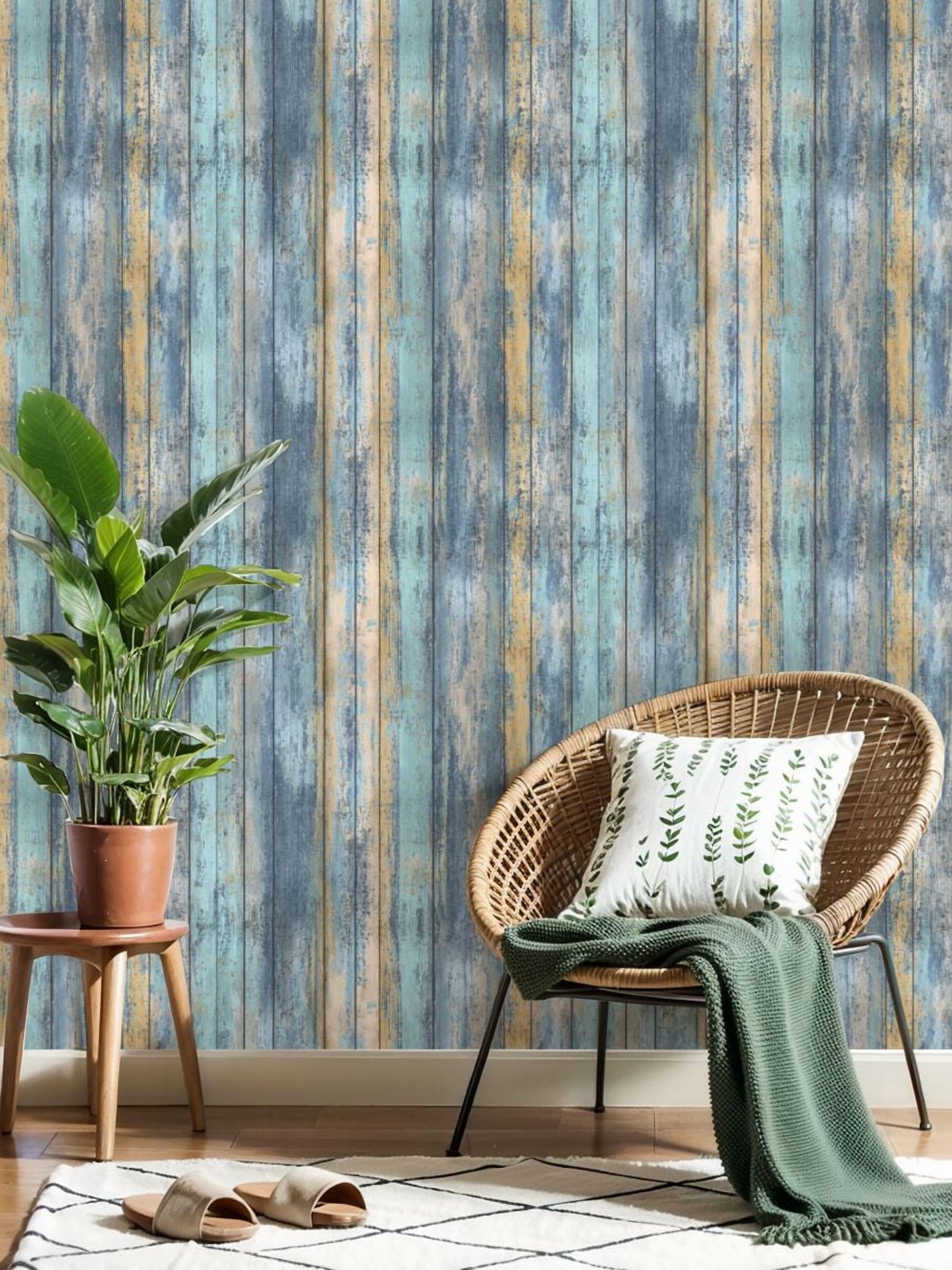Vintage Peel and Stick Wallpaper Rustic Weathered Wood Plank Texture Blue Beige Tones Wall Mural 17.7in x 9.8ft Self Adhesive Removable Wall Paper Renter Friendly Wallpaper for Bedroom Cabinets