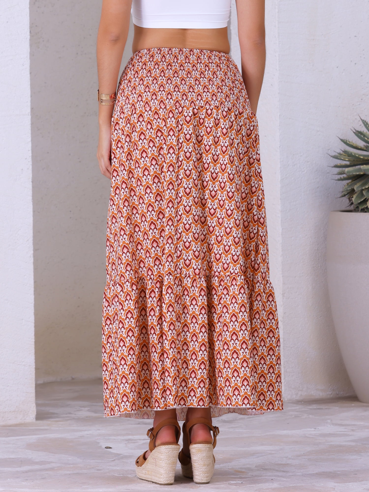 DARING DIVA Women's Summer Smocked Waist Flowy Maxi Skirts L Orange Floral