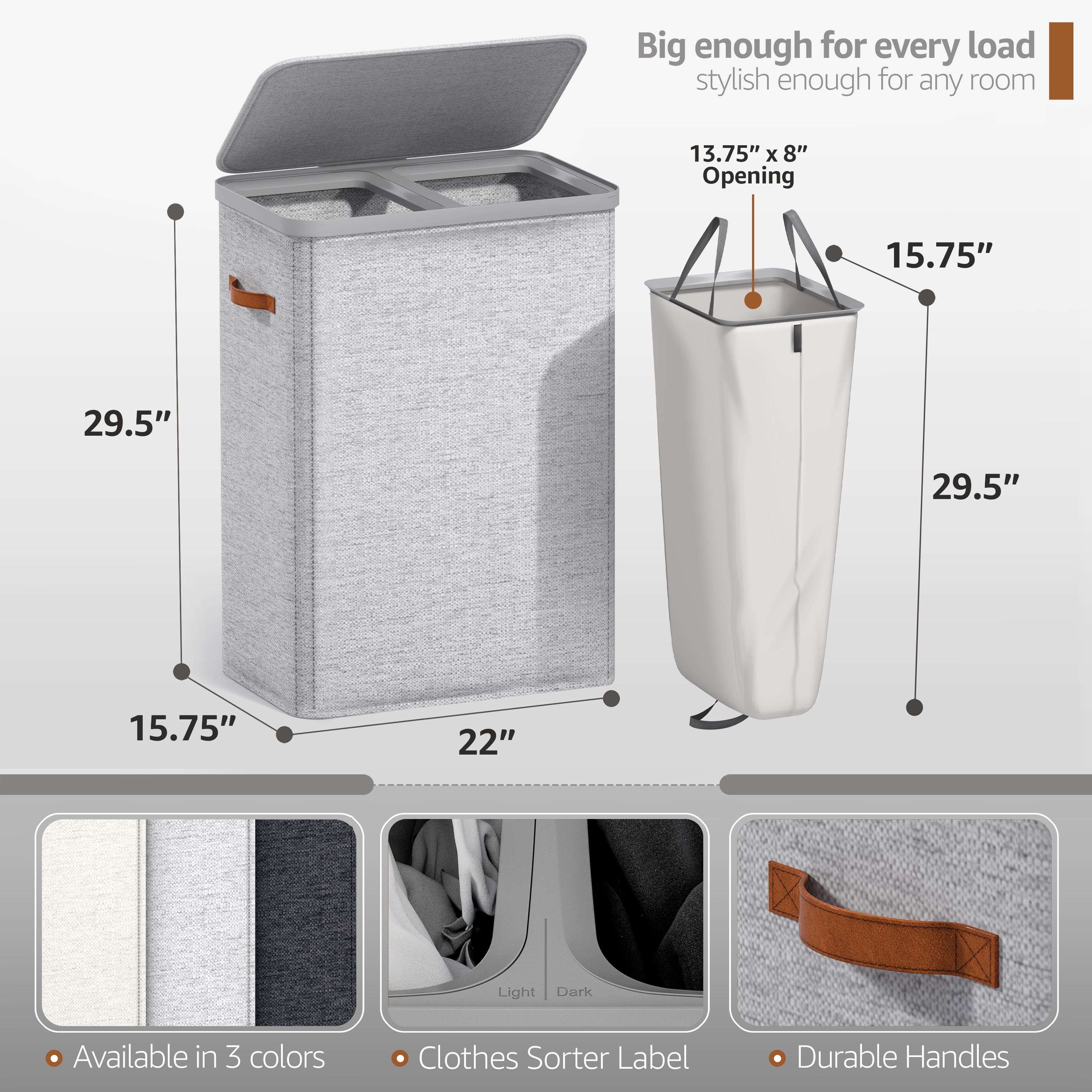 Sorbus Collapsible Fabric Laundry Hamper with Removable Bag, 2-Compartment, Gray