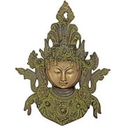 Exotic India Tibetan Buddhist Goddess Tara Wall Hanging Mask - Brass Statue - Color Black Green Gold Color