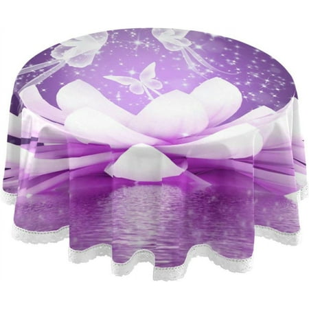 SKYSONIC Purple Flower Butterfly Round Tablecloth,Washable Oil Proof Table Cover for Kitchen Holiday Party Wedding Picnic Decoration