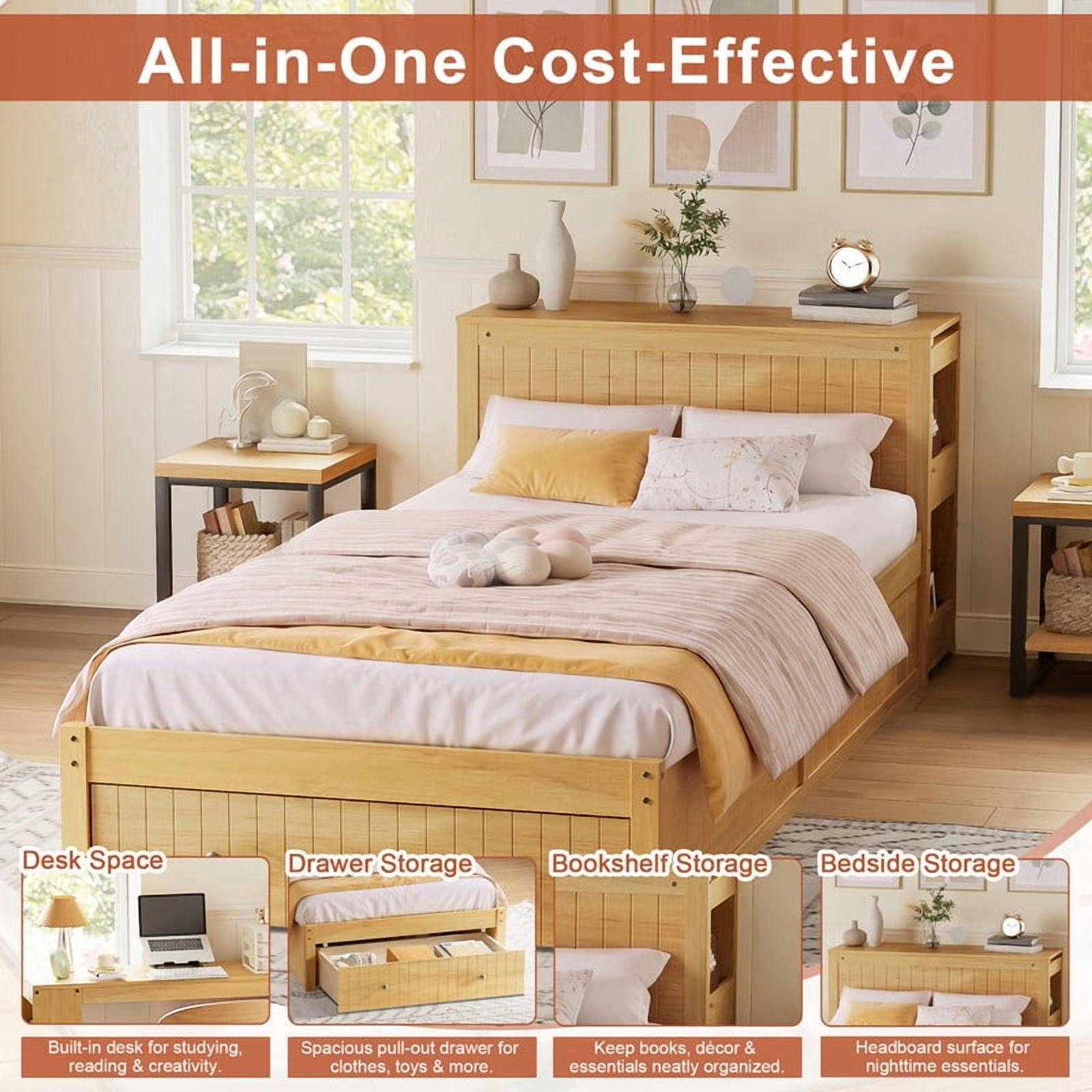 Twin Size Platform Bed with Pull-Out Hidden Desk, Wood Storage Bed Frame with Headboard Shelving & Footboard Drawer