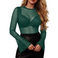 thumbnail image 2 of GEWSEY Women Mesh Tops Rhinestone Tops Long Bell Sleeve Blouses Glitter Shirts Sexy Clubwear Outfits S-XXL (Green, XL), 2 of 6
