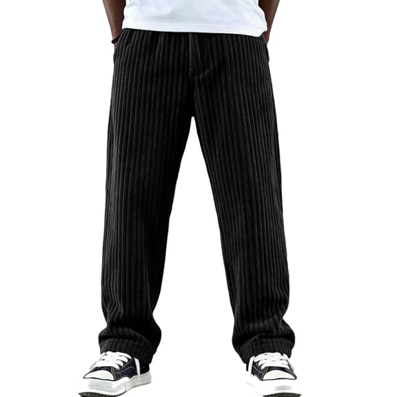 OIOLOYJM Men's Corduroy Sweatpants Wide Leg Straight Baggy Casual Joggers Fashion Drawstring Elastic Waist Trousers with Pockets Black L