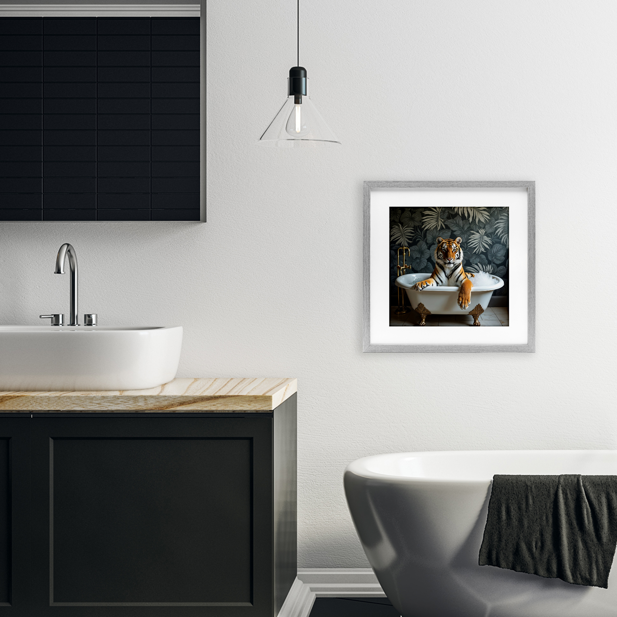 Tiger in Exotic Bubble Bath Gray Framed Print Under Glass, design by Lettered and Lined