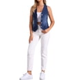 thumbnail image 2 of Chaleco de mezclilla sin mangas para mujer INSPIRE CHIC, con cuello en V y botones, chaqueta casual de jean, azul oscuro, talla XS, 2 of 6