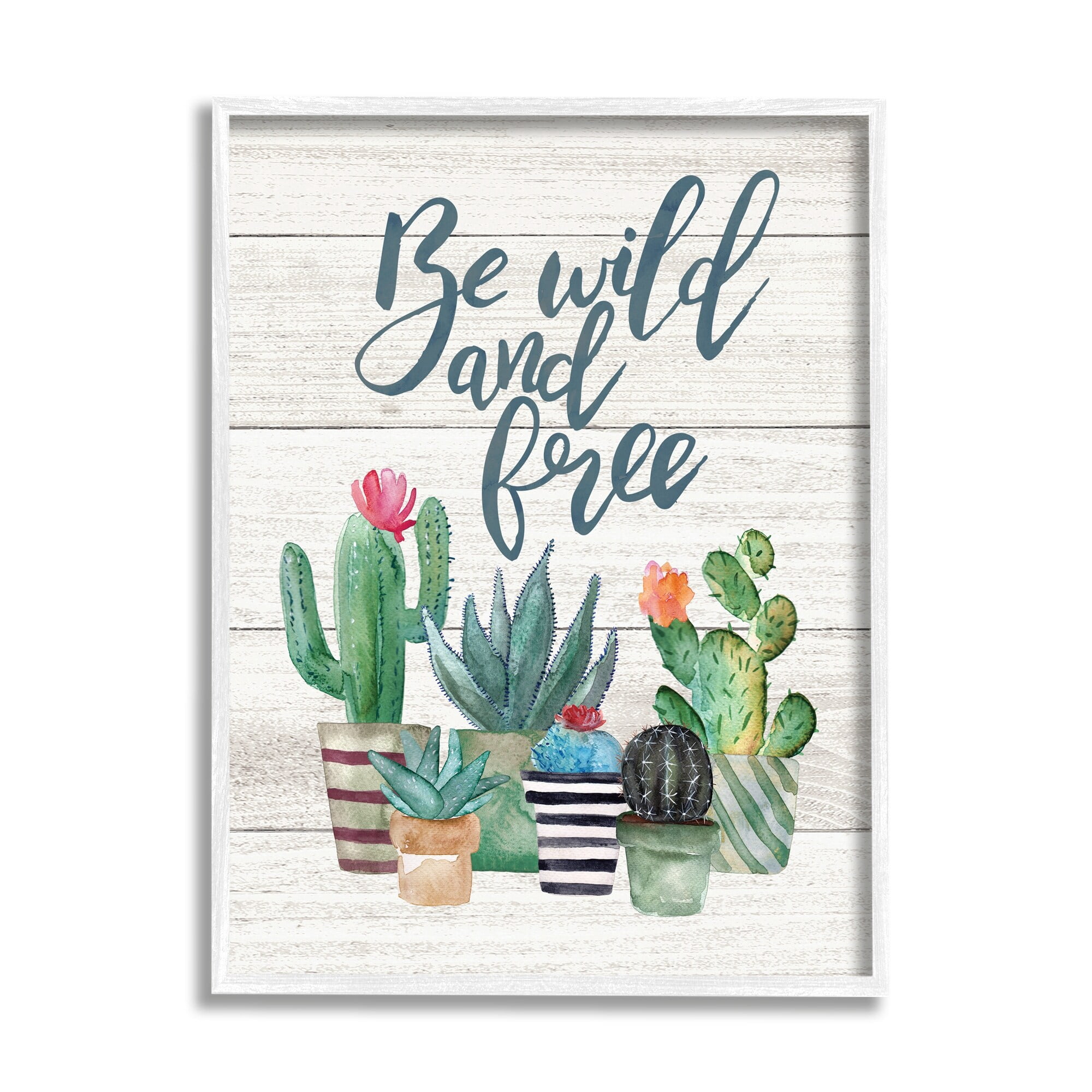 Stupell Industries Be Wild And Free Cactus Succulents Watercolor White Framed Art Print Wall Art, 16x20, by Jo Moulton