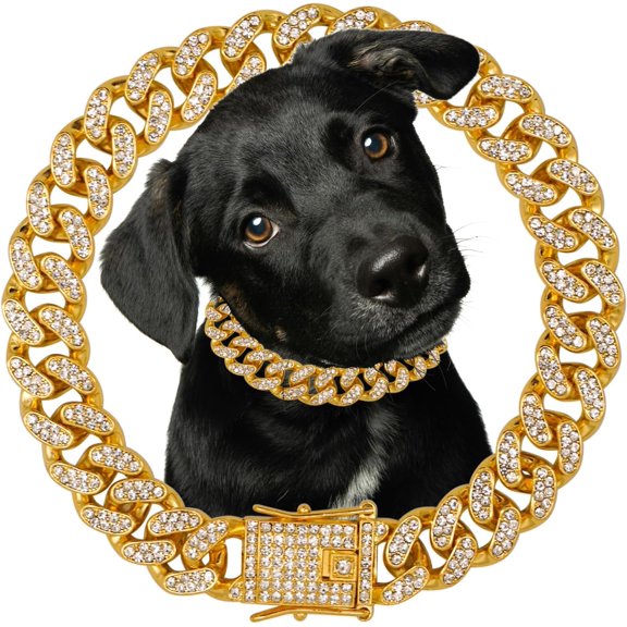 Dog Chain Diamond Collar 18K Gold Plated Walking Metal Chain 12 mm Wide Necklace with Secure Buckle Pet Cuban Style Collar Jewelry Accessories for Small Medium Large Dog Cats
