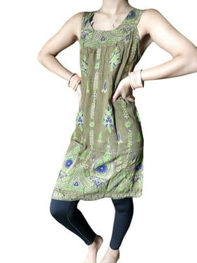 Mogul Women Tunic Dress,Sleevesless, Green Floral Embroidered Summer Boho Tunic Dresses SM
