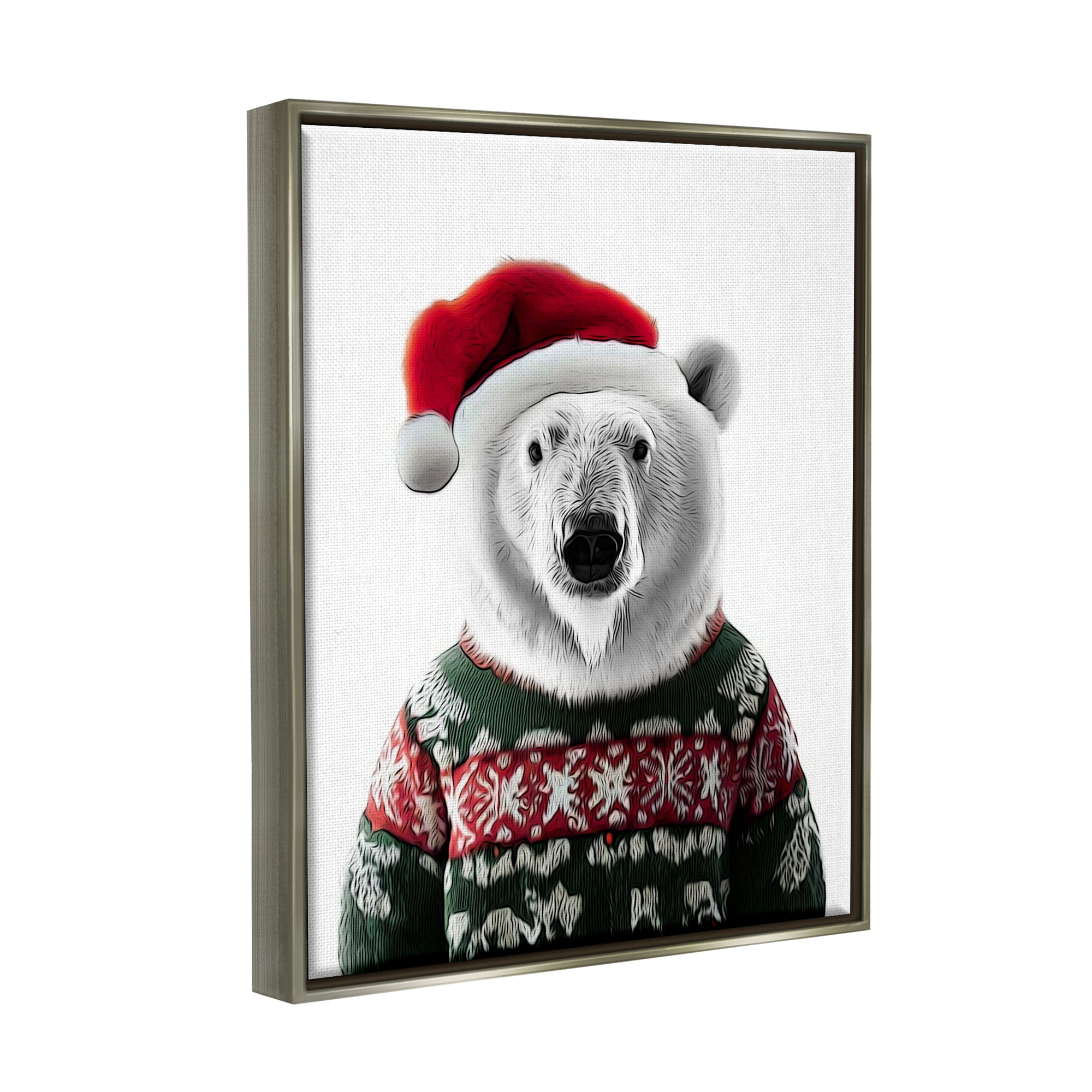 Stupell Industries Bear in Holiday Sweater Holiday Painting Gray Floater Framed Canvas Art Print Wall Art, 17 x 21