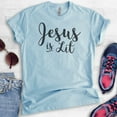 thumbnail image 2 of Jesus Is Lit Shirt, Unisex Women's Men's Shirt, Religious Clothing, Faith Shirt, Christian Shirt, Jesus Tee, Heather Light Blue, Medium, 2 of 6