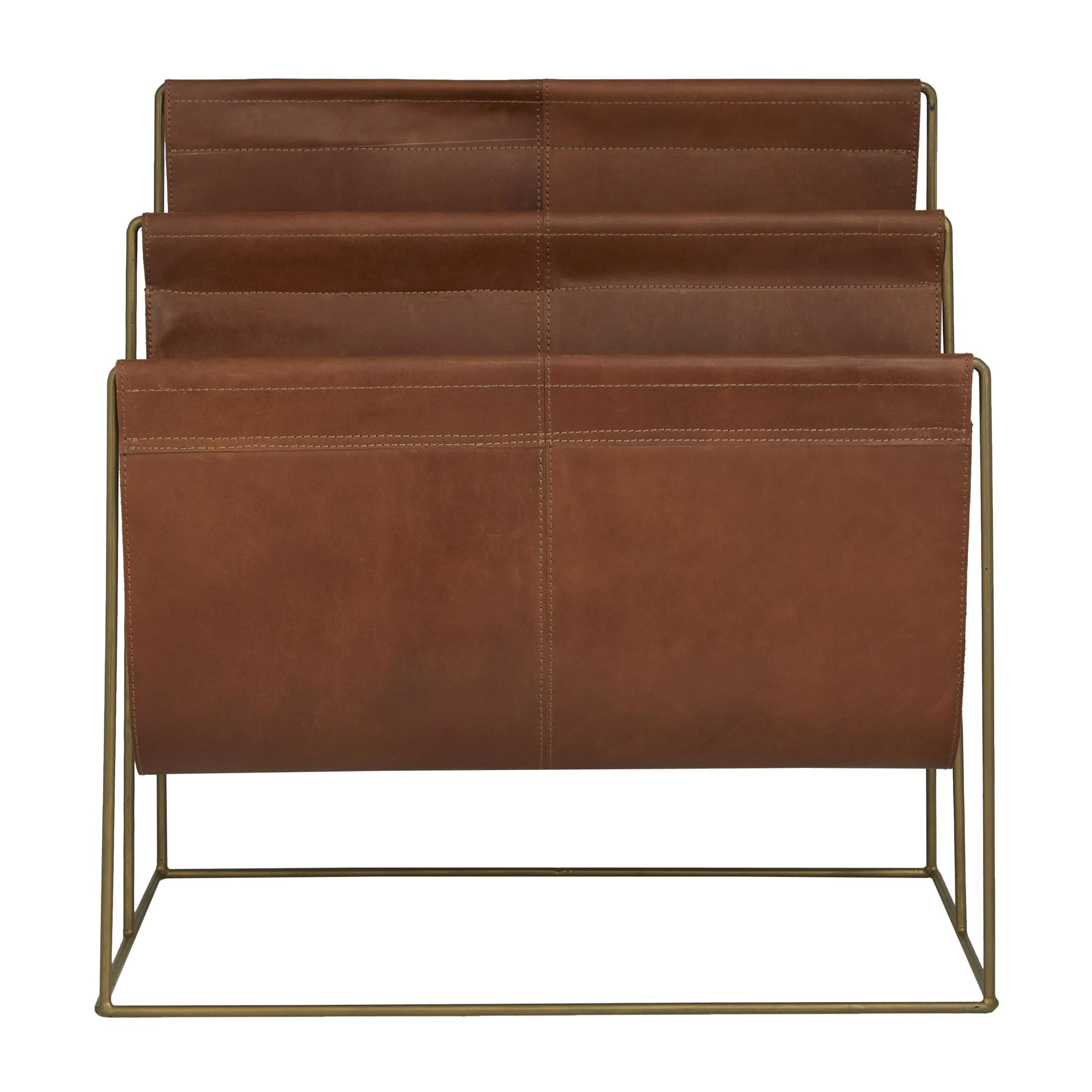 DecMode 22" Brown Leather 3 Slot Magazine Holder with Metal Stand