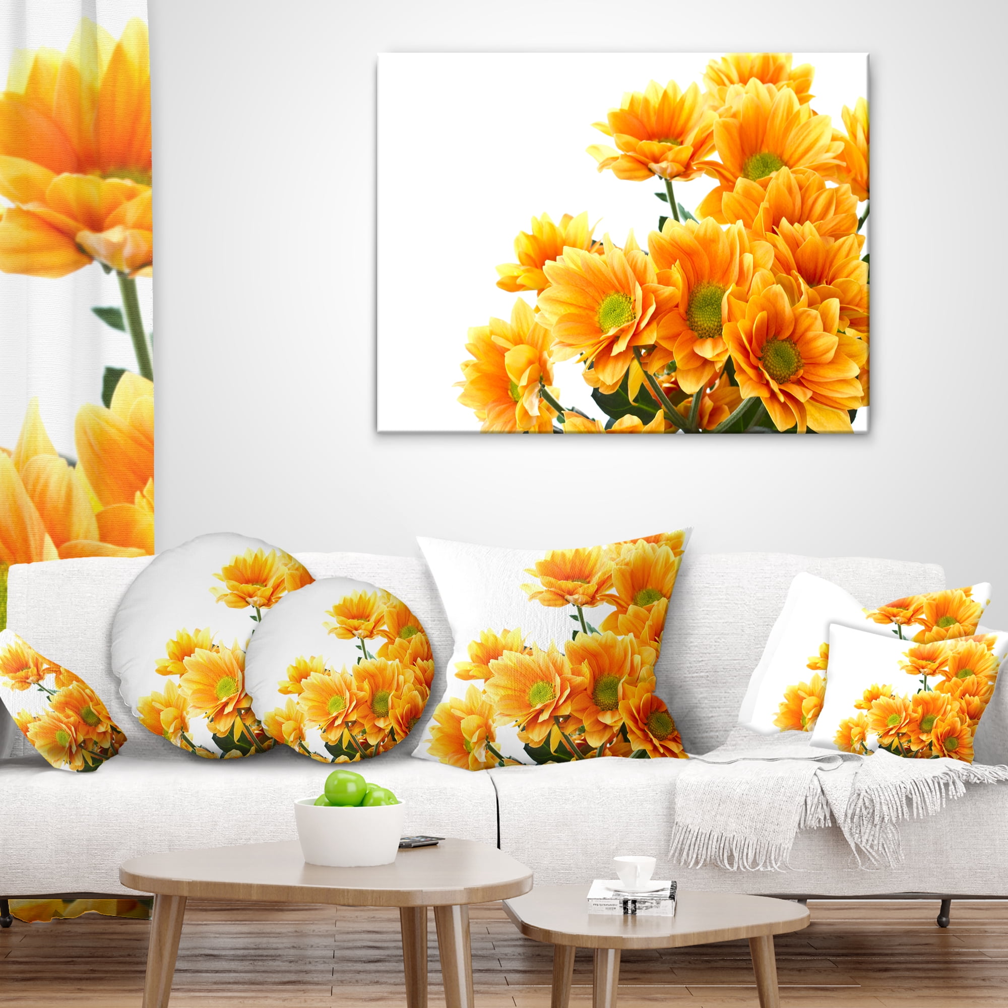 Designart Orange Flowers Chrysanthemum - Floral Throw Pillow - 18x18