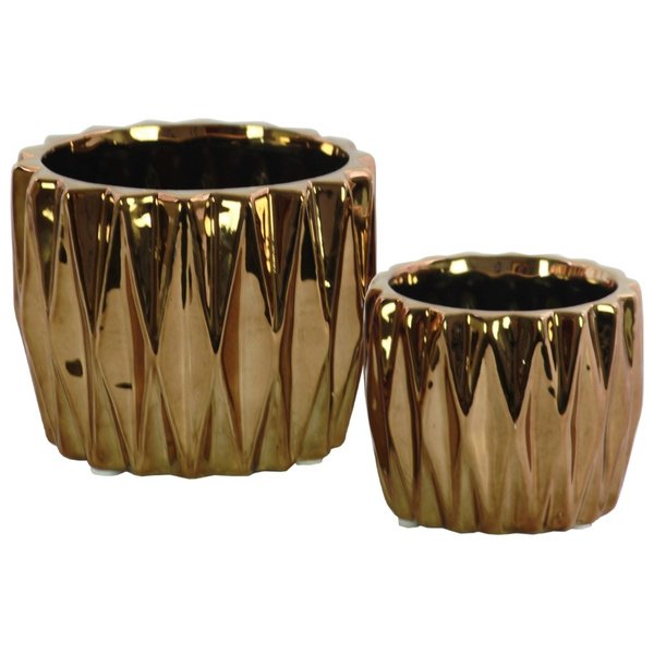 Vase Rond en Céramique avec Motif Triangulaire 3D, Lot de 2, Cuivre