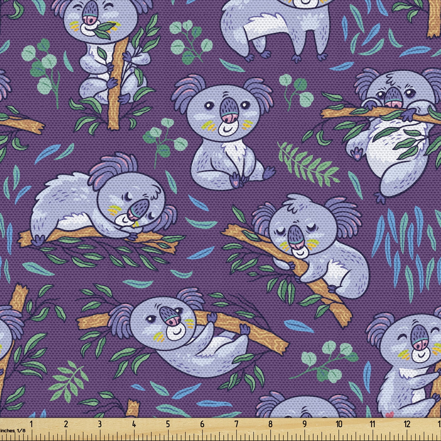 Cartoon Fabric by the Yard, Koalas Sleeping on Eucalyptus Forest
