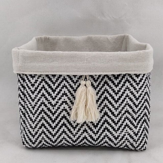 Black And White Chevron Pattern With Cream Liner And Tassel Basket