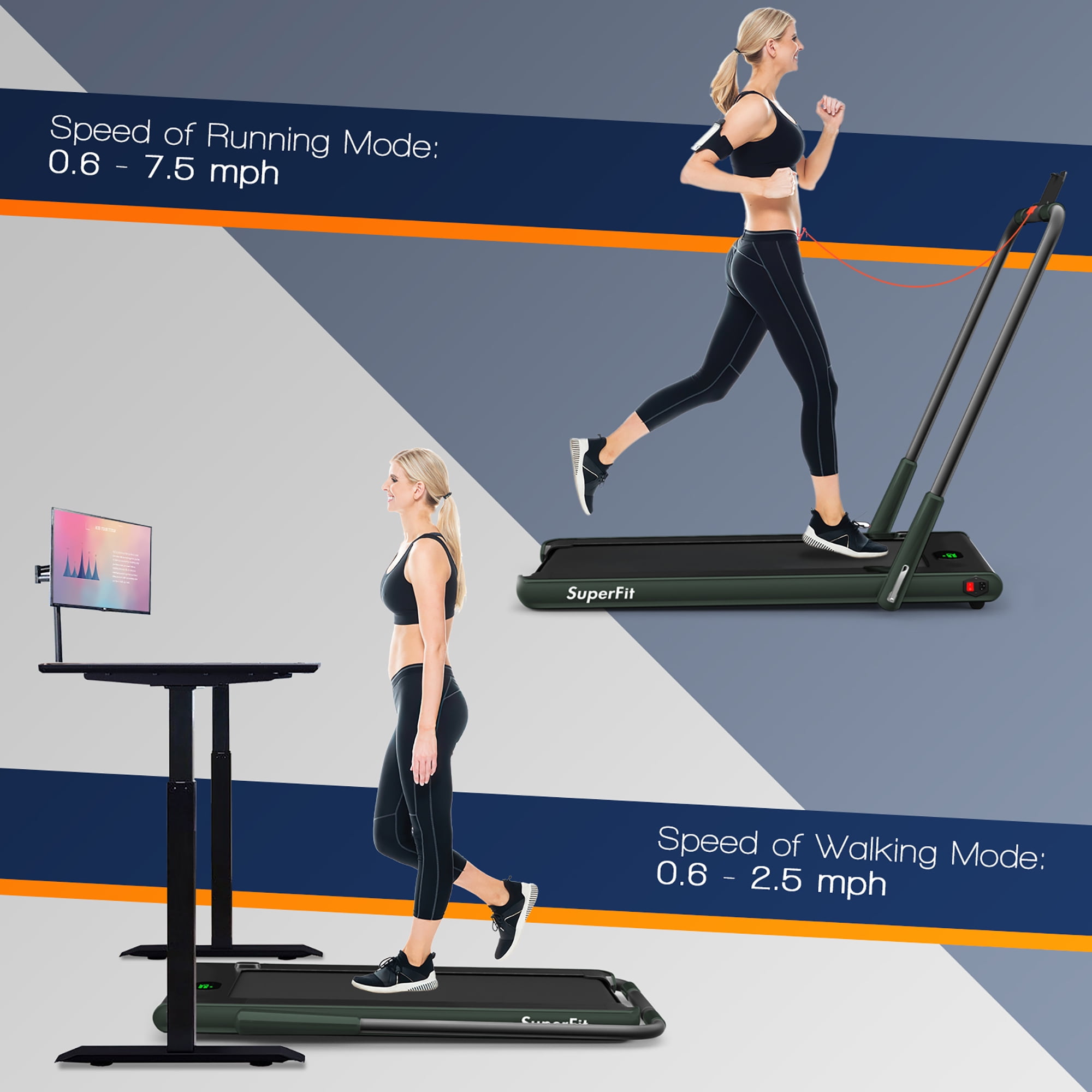 Costway 2.25HP 2 in 1 Folding Under Desk Treadmill up to 7.5MPH with Remote Control APP Green