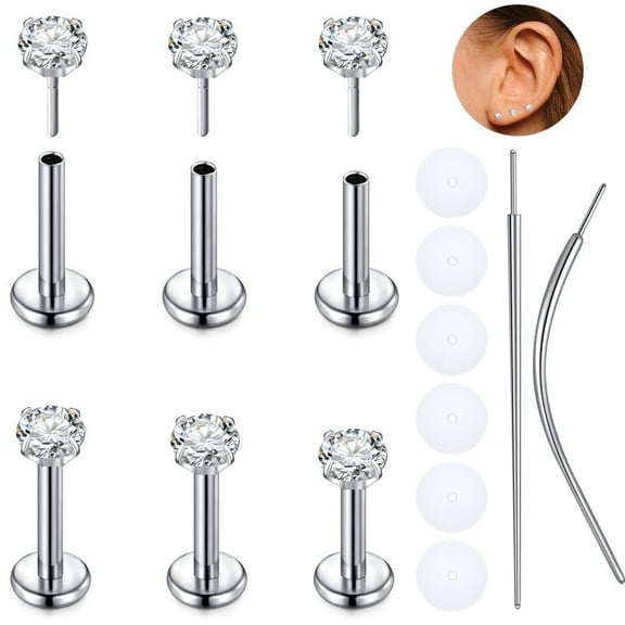 3 Pairs 18G Nose Rings Titanium Threadless Cartilage Earrings for Women Men Tragus Conch Helix Medusa Lip Piercing Jewelry