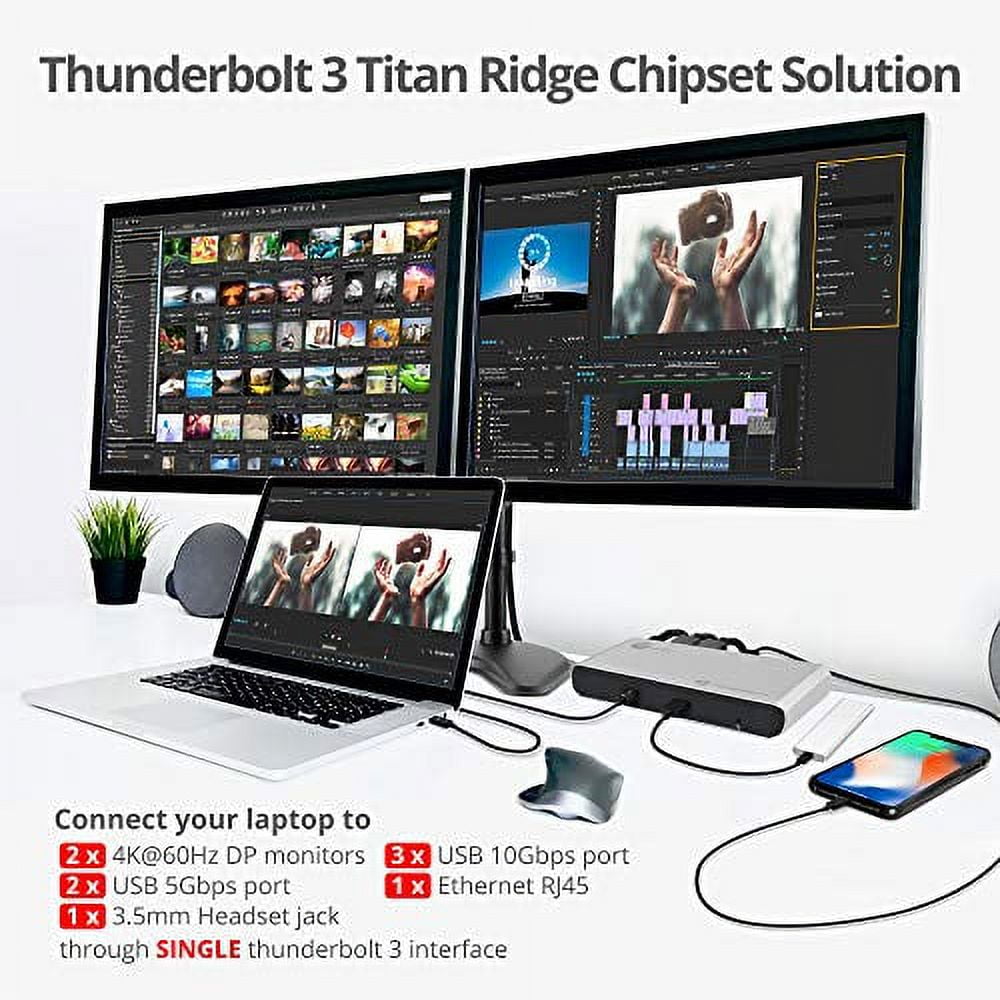 SIIG Thunderbolt 3 or USB C Dual 4K Display Docking Station with 60W Laptop Charging - Titan Ridge (1x USB 3.0, 2X USB 3.1, 2X DP 1.2, 2X USB-C, Ethernet) for Windows PC & MacBook Pro JU-DK0C11-S1