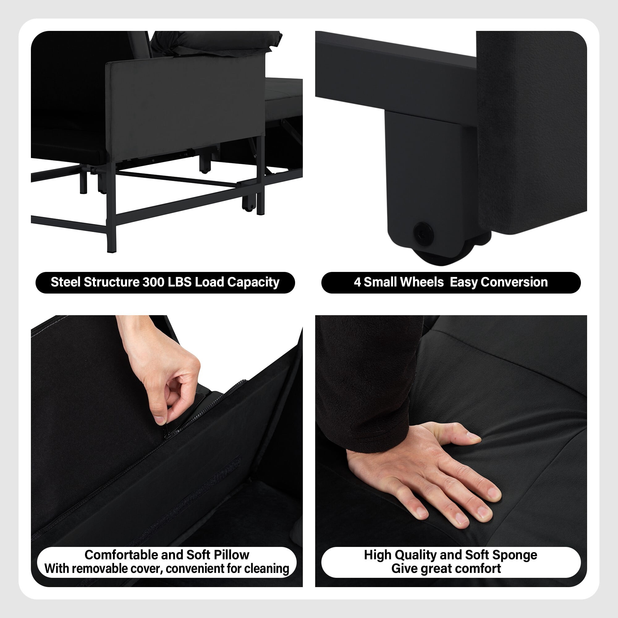 AENKYO 3-in-1 Convertible Sleeper Chair Bed with Adjustable Backrest, Velvet Chaise Lounge Sofa for Small Spaces, Black