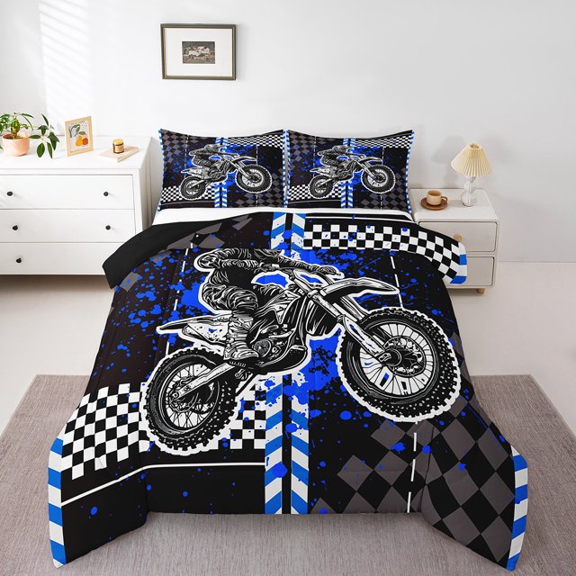 Erosebridal Motorcycle Rider Bedding Queen Comforter Set, Dirt Bike Down Comforter, Extreme Sport Room Decor, Navy Black, Reversible 3 Pieces