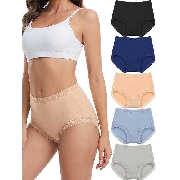 MecTo Womens Cotton Underwear 5 Pack Lace Trim High Waisted Panties Breathable Wicking Briefs
