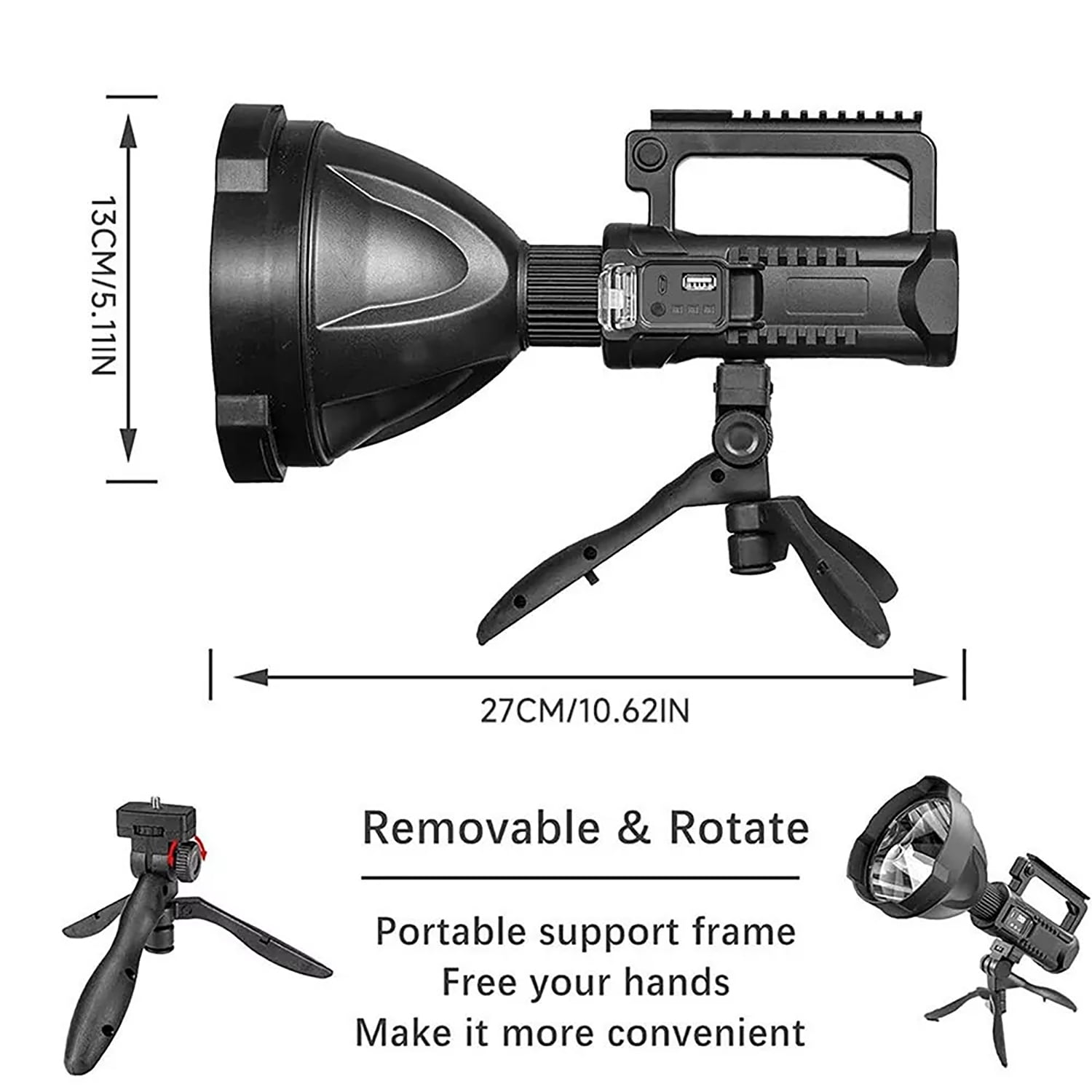 Rechargeable LED Flashlight, 100000 Lumens Super Bright, Waterproof Searchlight with Tripod, 4 Modes, USB Power Bank, for Camping, Hunting, Emergencies