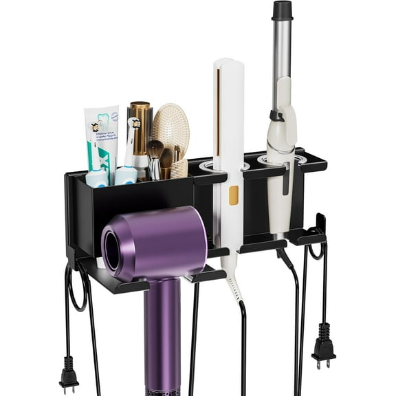 Hair Dryer Holder Wall Mounted, BOIVSHI Blow Dryer Holder for Bathroom, Metal Hair Dryer Rack, Muti-Function Hair Tool Organizer(Black)