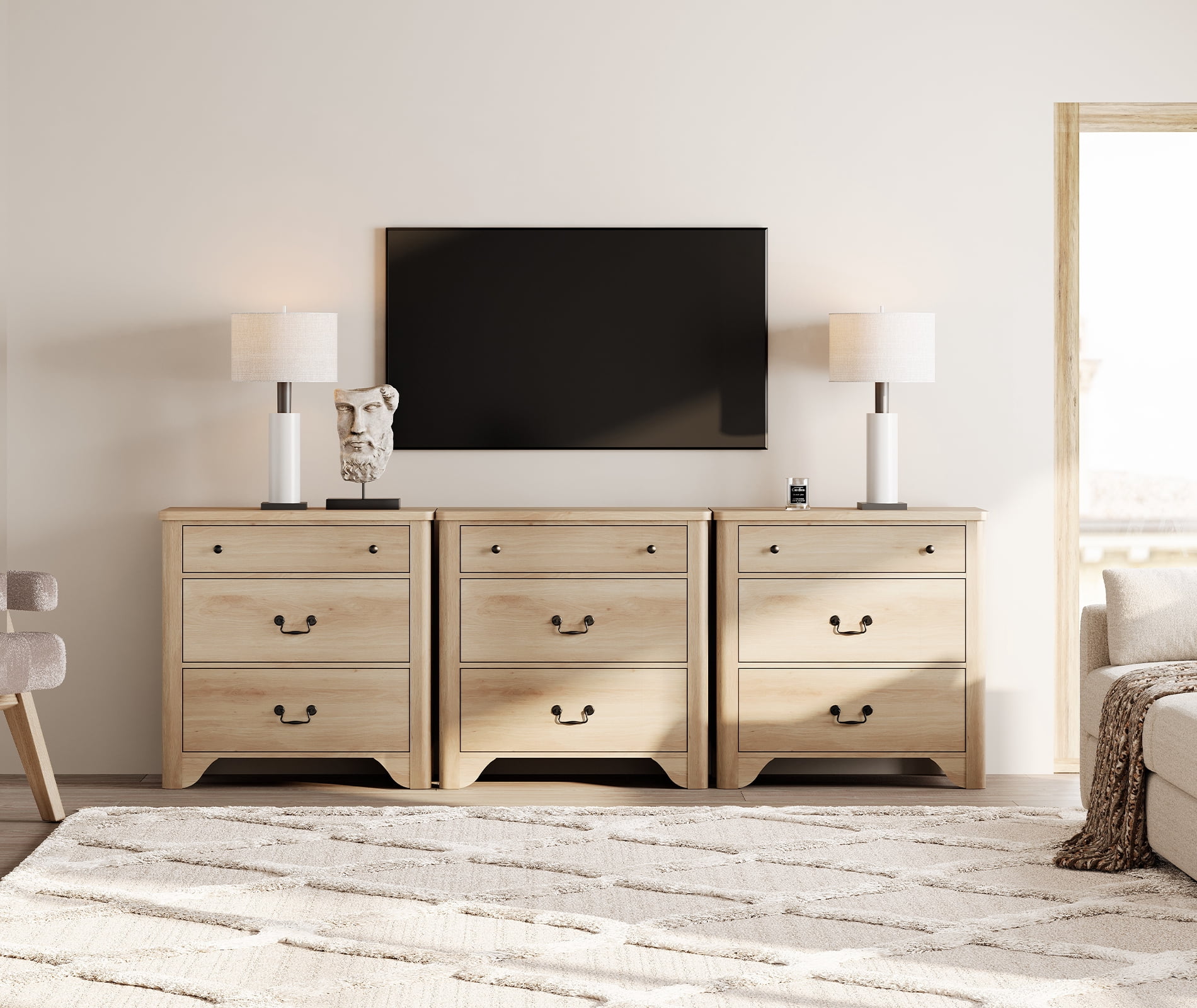 WAMPAT 3 Drawer Dresser Set of 3 for Bedroom,Oak Dresser Closet Dressers Chest of Drawers for Living Room, Entryway and Hallway