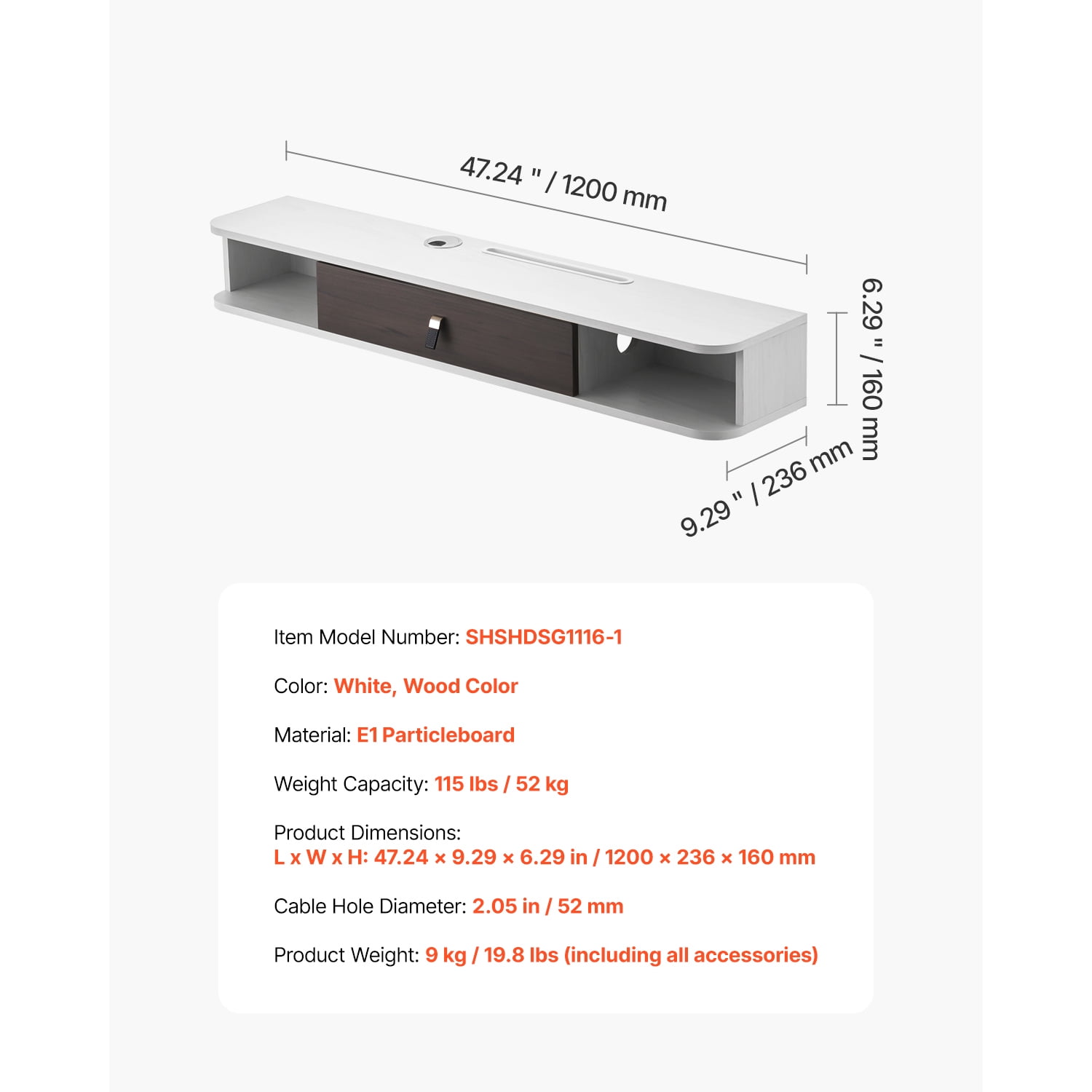 KFFKFF Suspended TV Unit, 47-inch Wall-Fixed Media Hub with Wire Opening, Contemporary Floating TV Ledge with Storage Compartment, Particle Board Stand for DVD Equipment, Cable Box, Gaming System