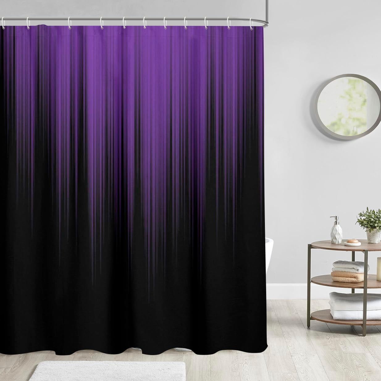 Purple and Black Shower Curtain Ombre Abstract Striped Geometric Dark Plum Adult Women Decorative Cool Gothic Gradient Artistic Home Bathroom Decor Bathtub Set with 12 Hooks, 72x72, Modern