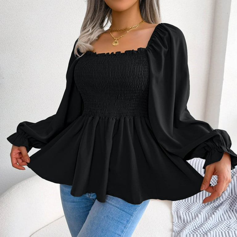 JGGSPWM Women's Square Neck Shirred Ruffle Hem Long Sleeve