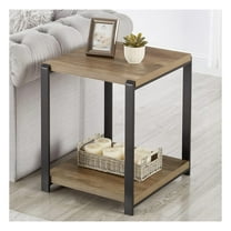 Drevy Industrial End Table, Square Side Table with Storage Shelf for Living Room, Wood and Metal Nightstand, Oak