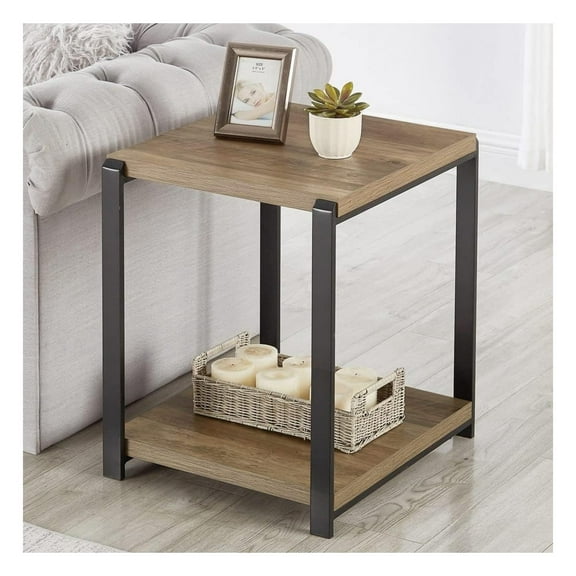 Drevy Industrial End Table, Square Side Table with Storage Shelf for Living Room, Wood and Metal Nightstand, Oak
