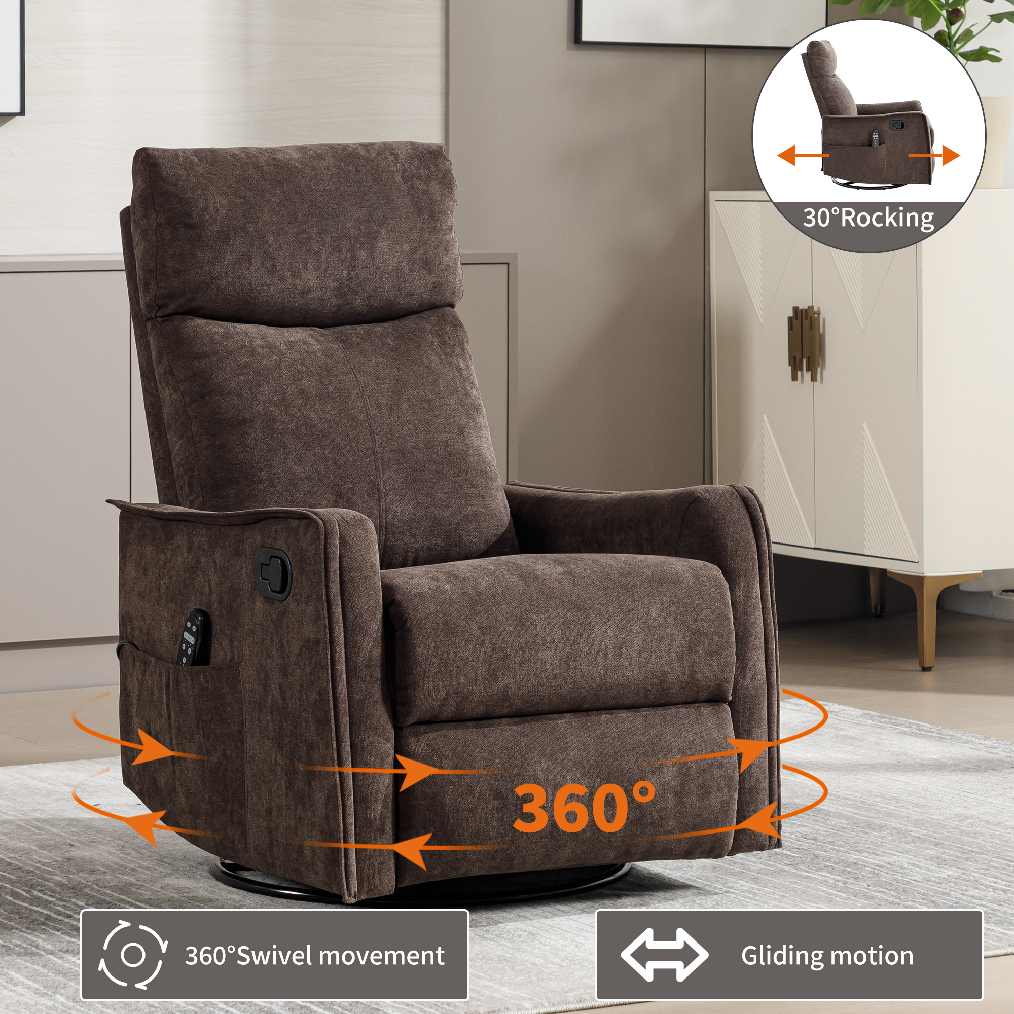 Leumius Recliner Chair with Massage and Heat,360° Manual Swivel Rocker Chair for Adults,Upholstered Fabric Glider Recliner Nursery Chair with Side Pockets for Living Room,Brown