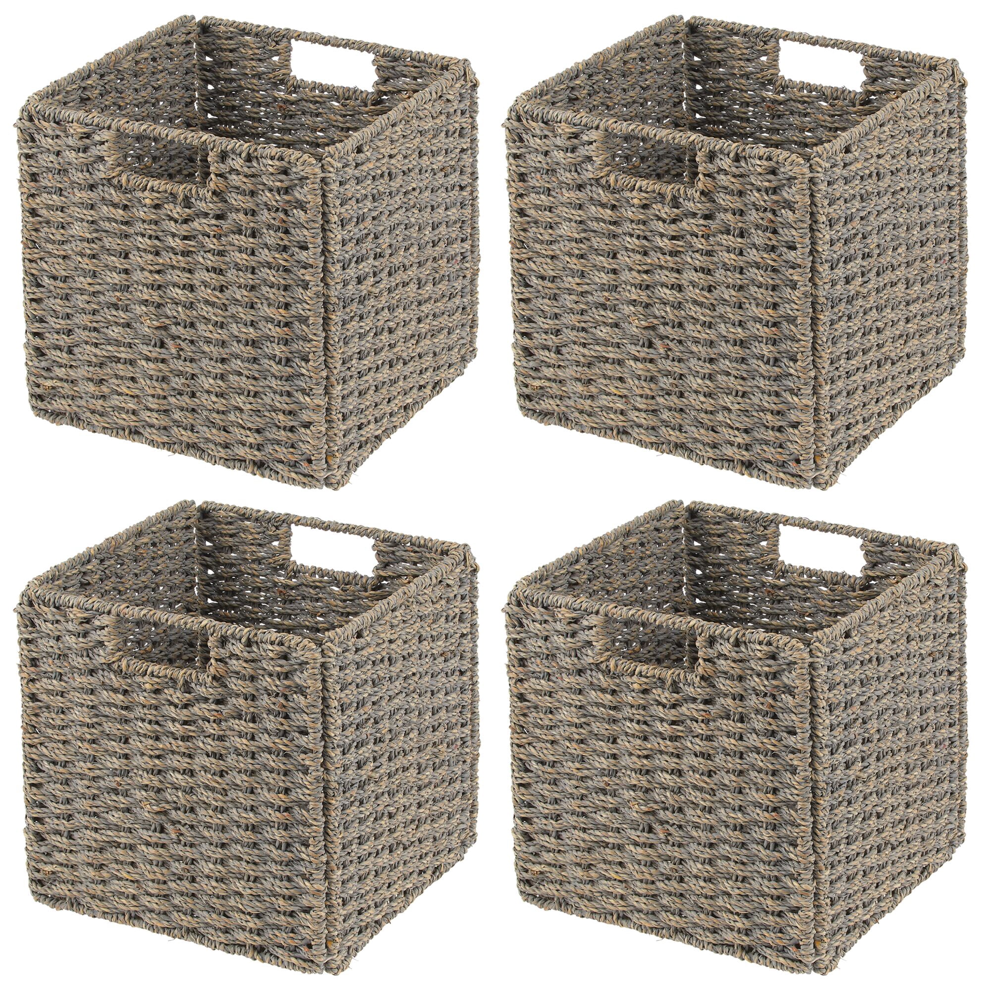 mDesign Seagrass Woven Kitchen Basket Organizer, Handles, 4 Pack, Gray Wash