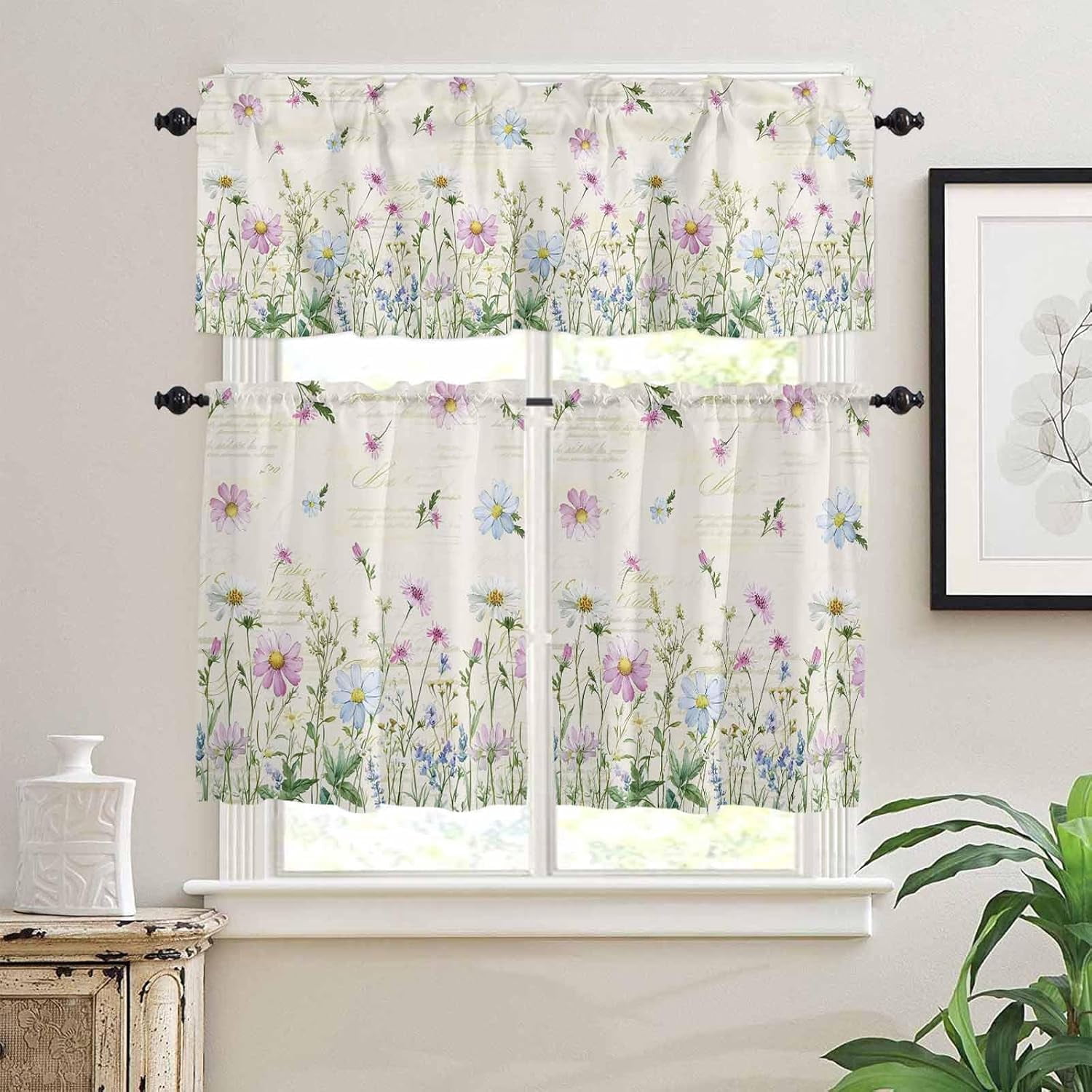 Flower Green Kitchen Curtains, Blue Pink Daisy Wildflower Floral Botanical 3-Piece Kitchen Curtain Valance and Tiers Set 36 Inch Length, Rod Pocket Half Window Curtains for Cafe Living Room Bathroom