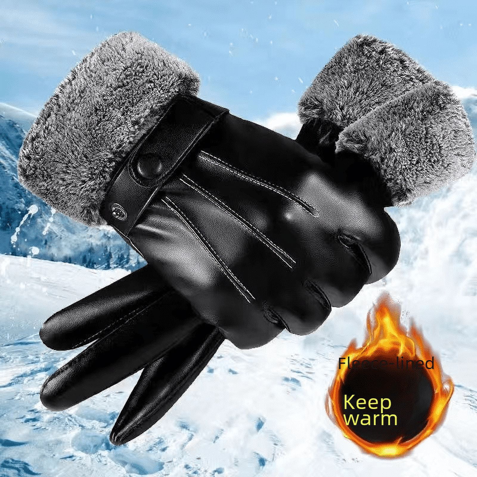 Leather gloves men's winter fleece-lined thick warm riding motorcycle gloves waterproof windproof touch screen outdoor-Hair mouth big seven
