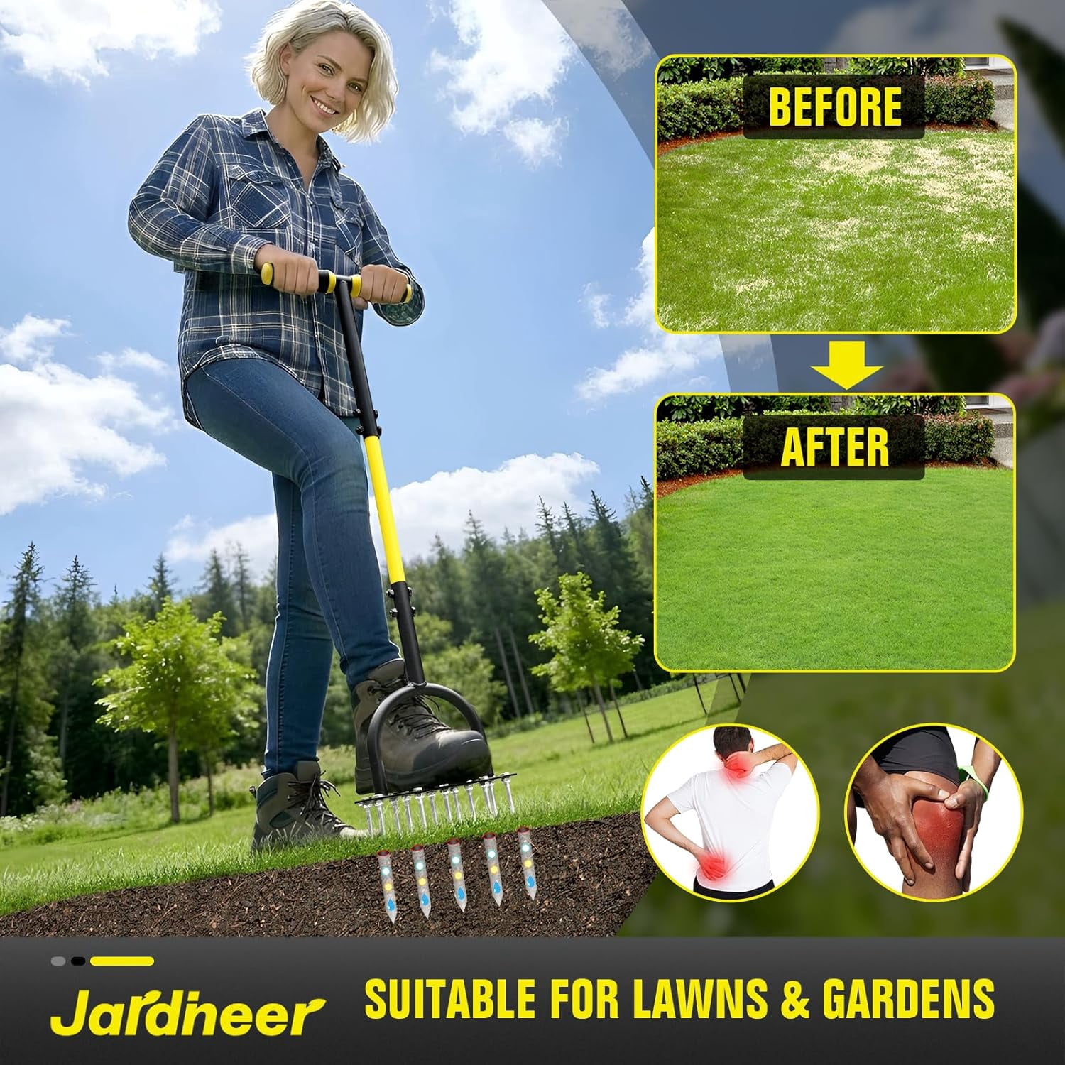 Lawn Aerator Spike Tool, 36" Manual Yard Aeration Tool with 12 Thickened Steel Spikes, Pre-Assembled Grass for Soil Loosening & in Lawn, and Garden