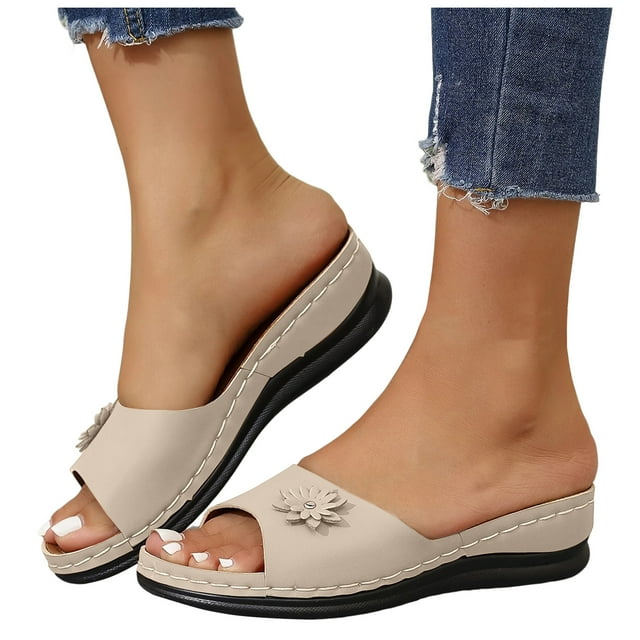 Flower Wedge Slides Sandals for Women 2025 with Arch Support Comfortable Peep Toe Platform Dress Slip on