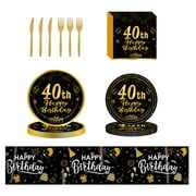 40th Birthday Theme Party Supplies,Disposable Party Tableware Sets - 40 Years Paper Plates,Napkins,Plastic Forks Knives,Tablecloths,40th Birthday Decorations for Men Women,24 Guests