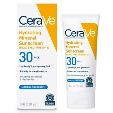 CeraVe Hydrating Mineral Sunscreen SPF 30 Face Lotion for Sensitive Skin, Kids & Adults 2.5 oz