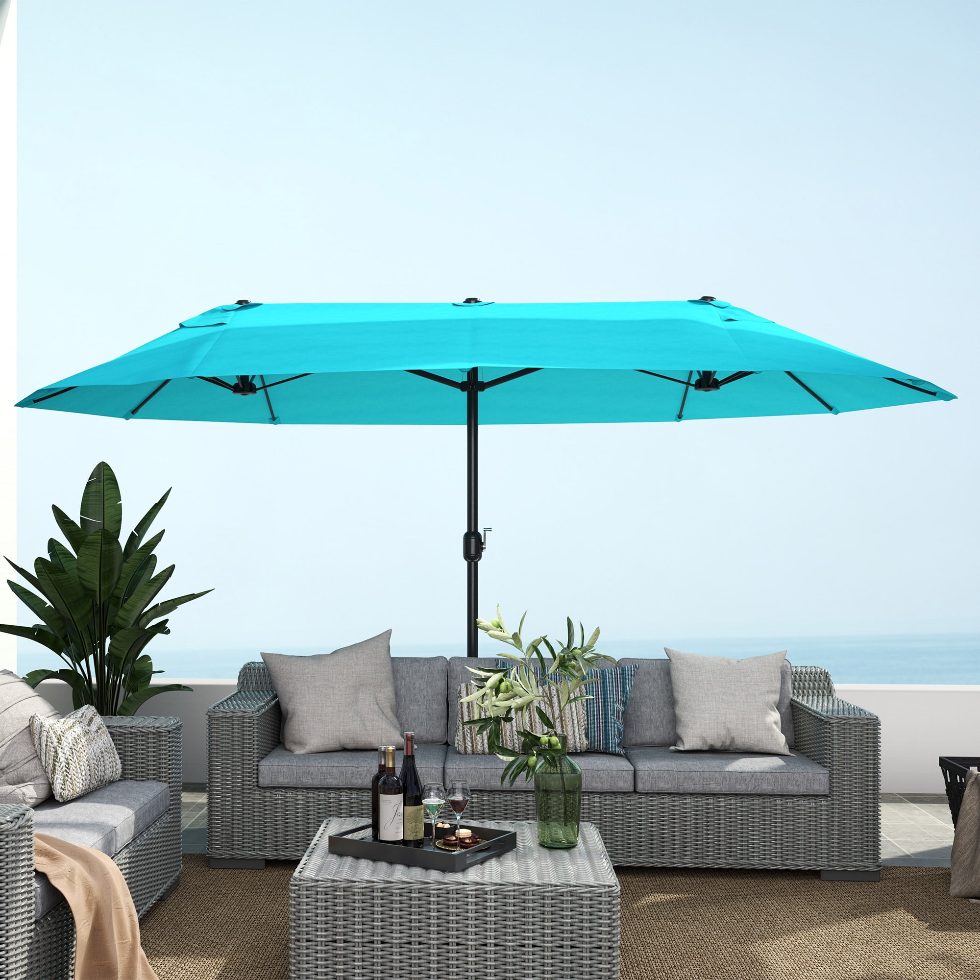 Outsunny Extra Large 15ft Patio Umbrella, Double-Sided Outdoor Umbrella with Crank Handle and Air Vents for Backyard, Deck, Pool, Market, Light Blue