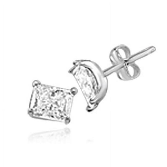 Prong Set Stud Earrings with Radiant Emerald Cut Diamond by Diamond Essence set in Sterling Silver