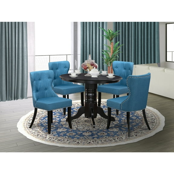 HomeStock Renaissance Romance Furniture - A Wooden Dining Table Set f 4 Wonderful Dining Room Chairs , Mineral Blue Color & A Stunning 42-Inch Round Wooden Dining Table Using Black Color