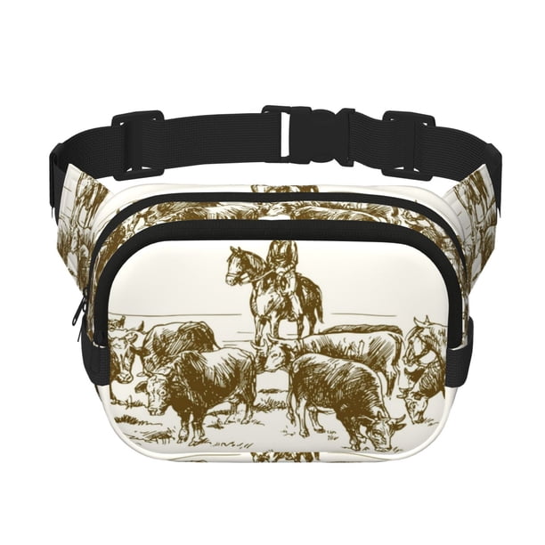 Fotbe Cattle Drive By Two Cowboys Cangurera Cuadrada con Estampado de Doble Capa, Bolsa de Cintura Ajustable Mini para Hombres y Mujeres