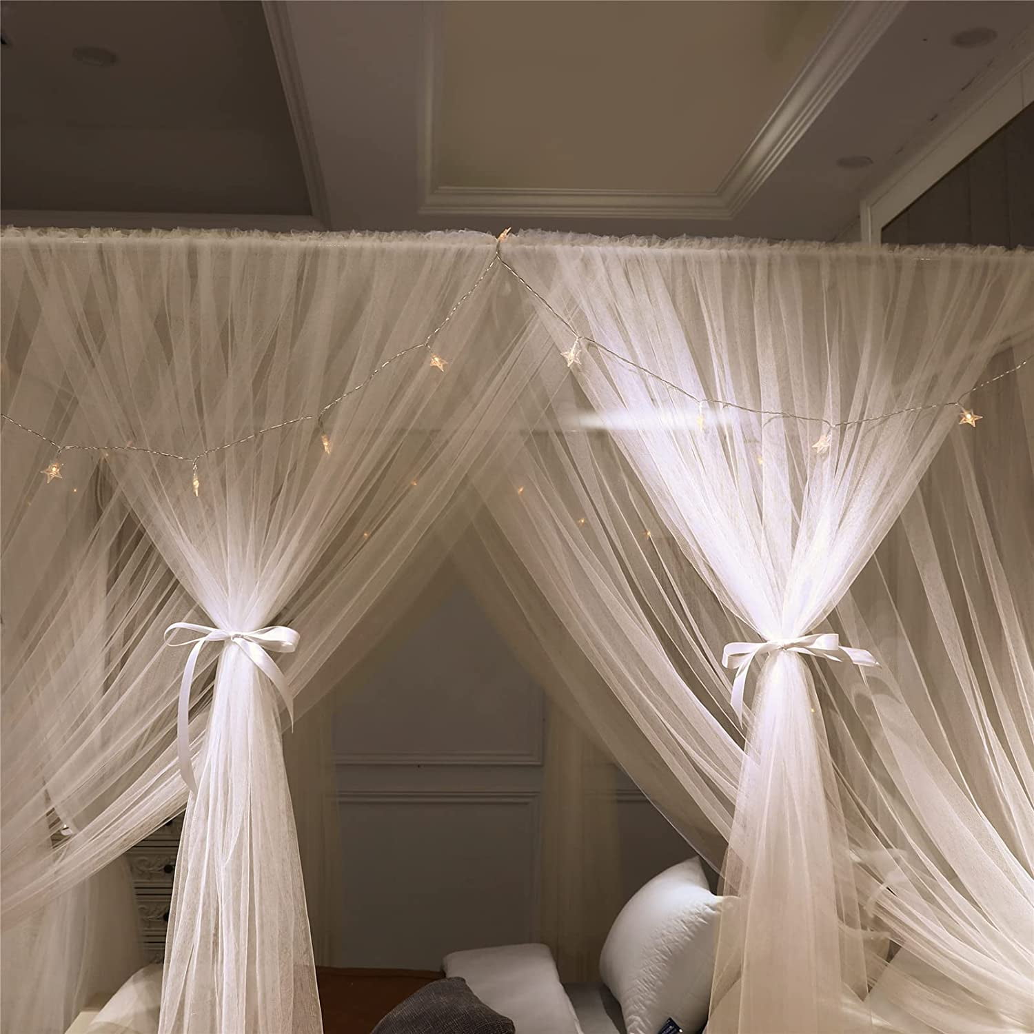 4 Corners Post Princess Bed Canopy Curtain Double Layer Cozy Drape Netting 4 Opening Mosquito Net for Girls & Adults Bedroom Decoration Accessories (Double White, 47" W*78" L*82"*H/Twin)