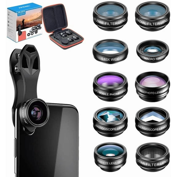 APEXEL 10 in 1 Phone Camera Lens Kit Wide Angle/Macro/Fisheye/Telephoto/CPL/Flow/Radial/Star Filter/Kaleidoscope Lens for iPhone and Most Phone